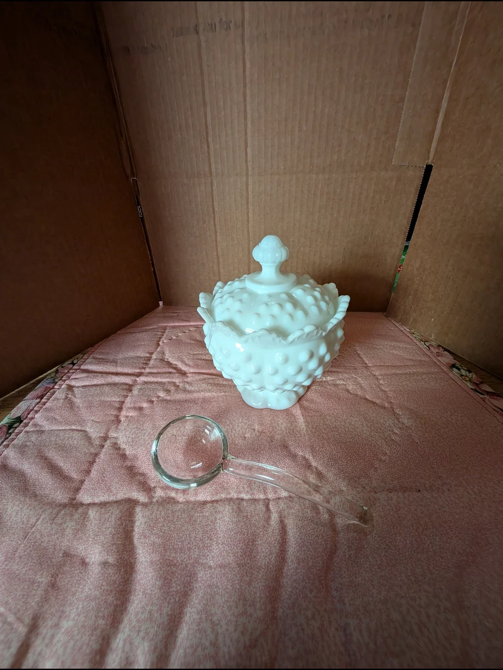 White Hobnail Milk Glass Lidded Jam Jar - with Spoon